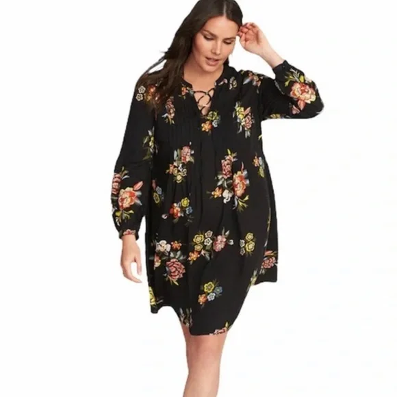 Old Navy | Dresses | Old Navy Black Floral Print Lace Up Long Sleeves Swing  Dress | Poshmark